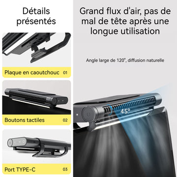 Ventilateur 2000mAh ventilateur sur écran de type climatiseur avec éclairage LED orientation et température de couleur réglables